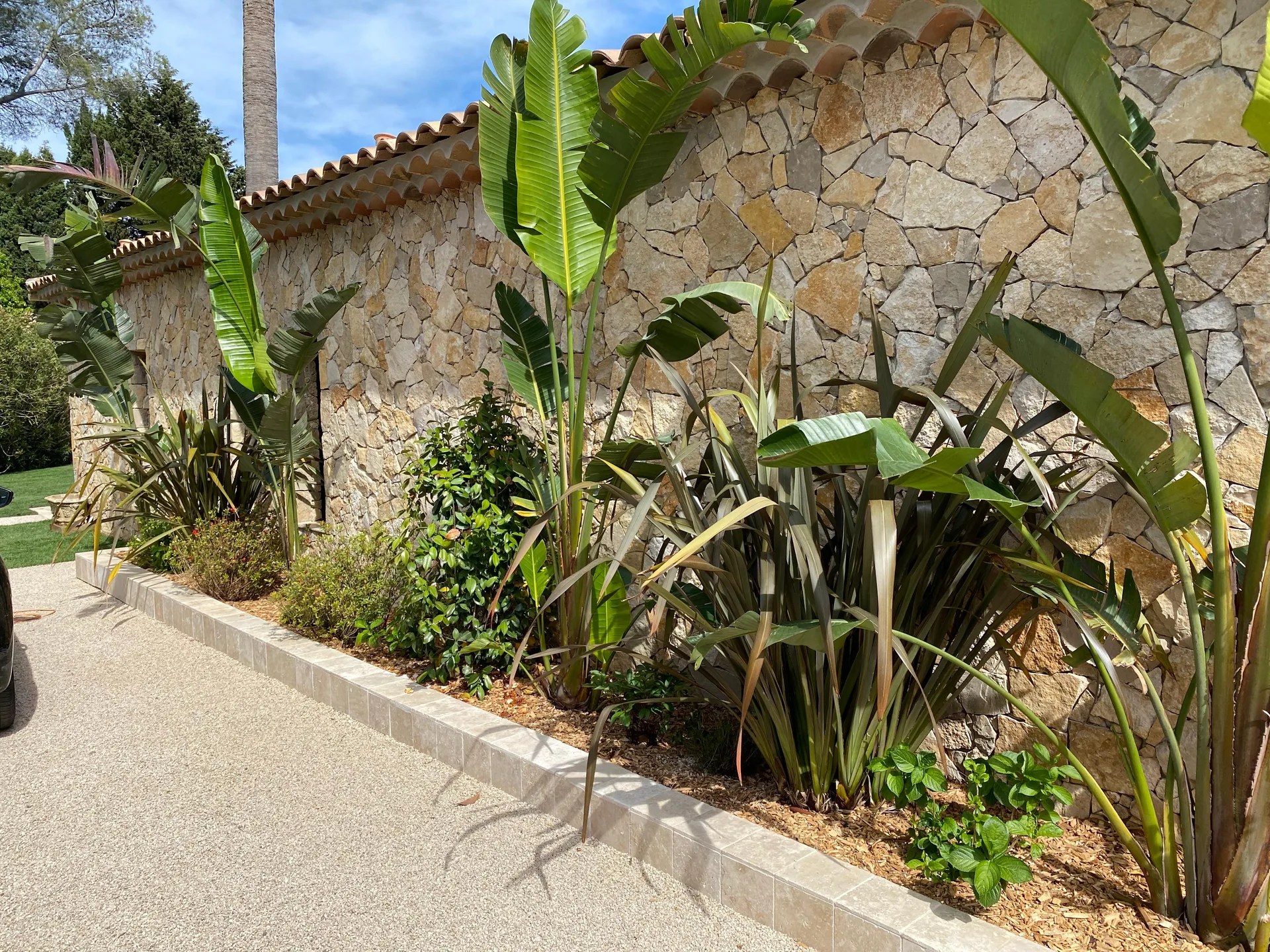 Façade de villa habillée de pierres avec plantations méditerranéennes — réalisation Influence Paysage