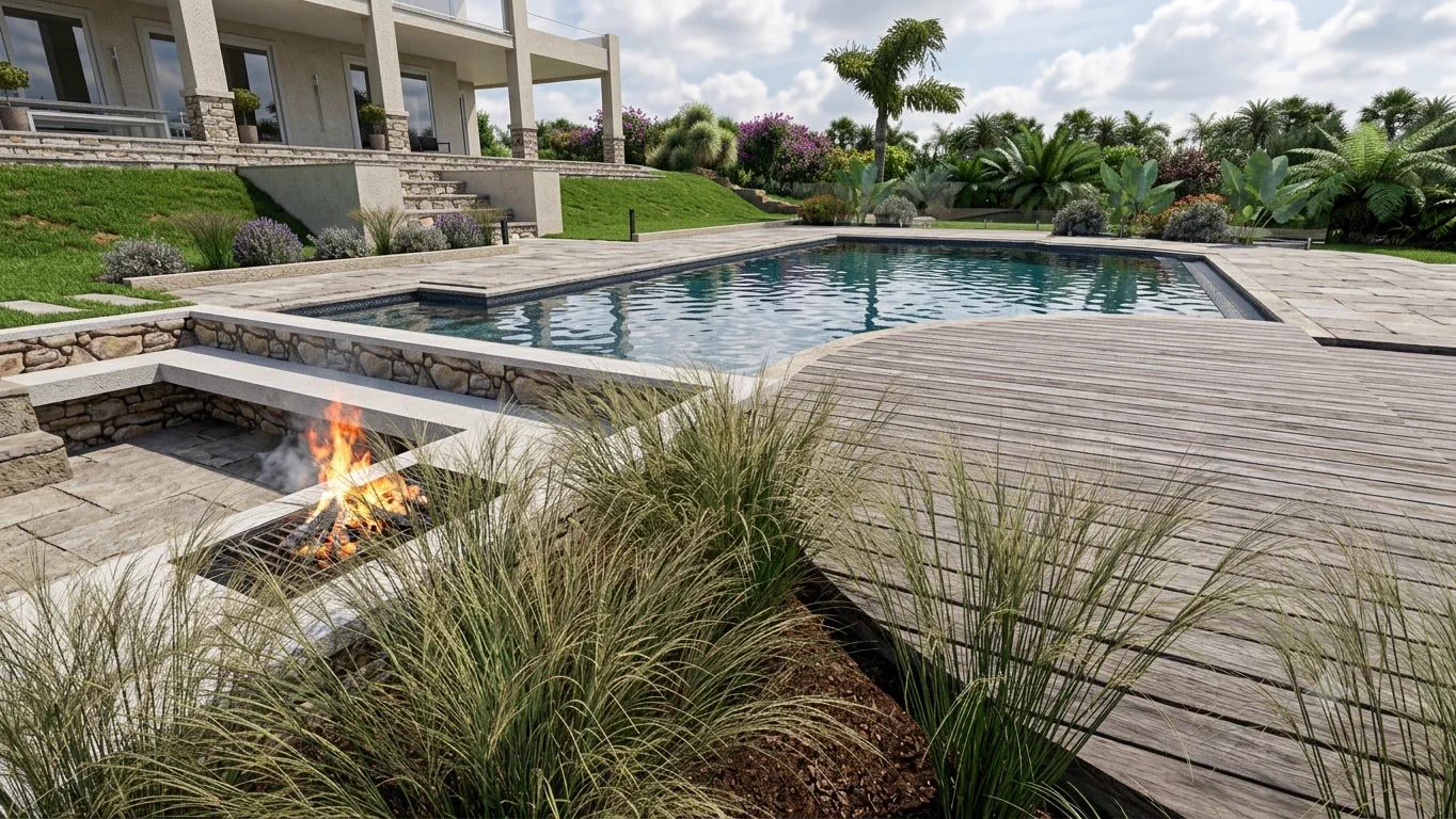 Rendu 3D d'un projet de jardin méditerranéen : piscine, terrasse en bois, brasero et graminées devant une villa contemporaine — étude Influence Paysage